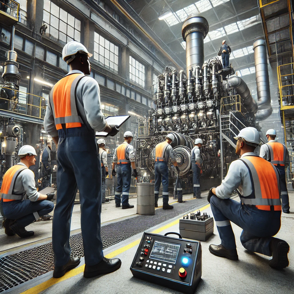 DALL·E 2024-10-08 13.31.45 - A high-resolution realistic image depicting a preventive maintenance process in an industrial setting with Black professionals. The scene shows a team